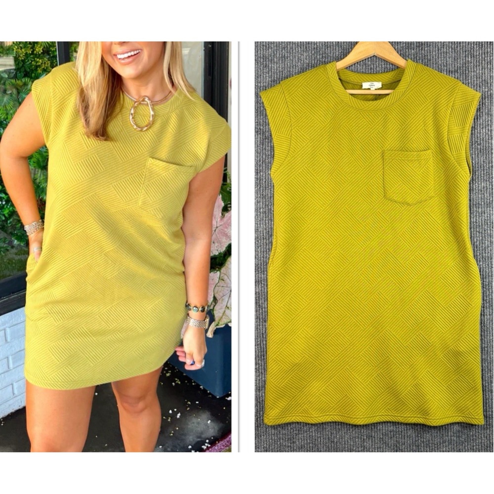 Entro‎ Women's Textured Knit Mini Dress S Chartreuse Mod Shift Pocket Cap Sleeve